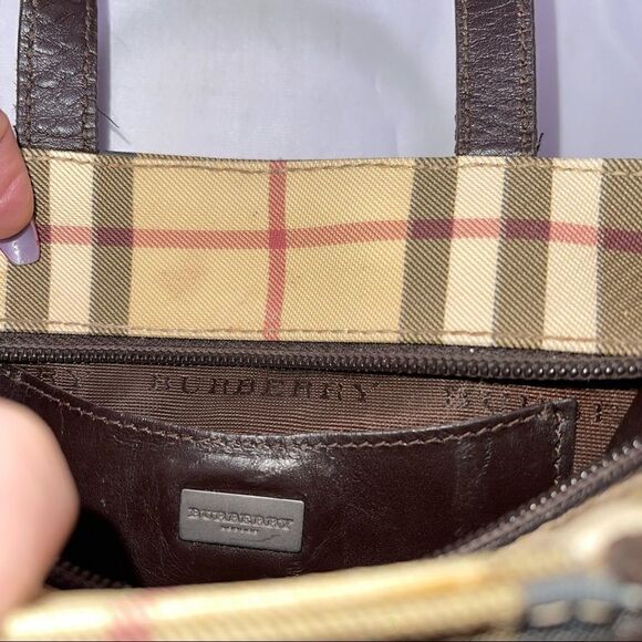BURBERRY Mini Handbag Coated Canvas Classic Tan Check Leather Handles AUTHENTIC - Picture 7 of 11
